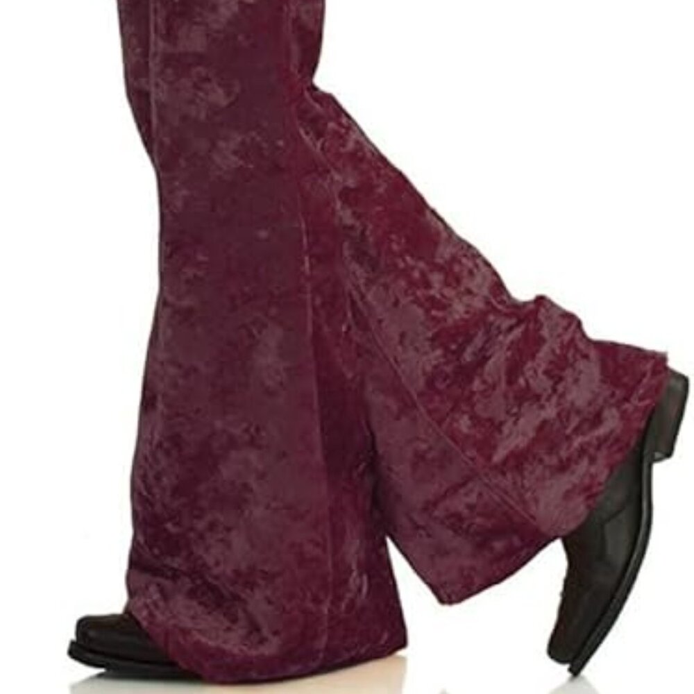 Velvet Relaxed Bell Bottom Stretch Flared Pants Burgundy Cranberry 70s Disco